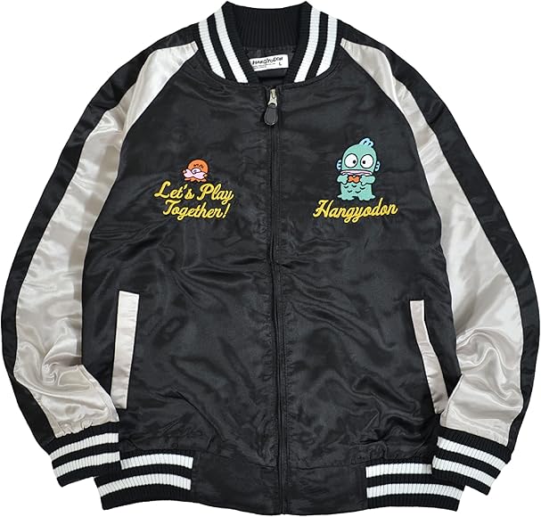 Sanrio Hangyodon Satin Jacket Embroidery Black Sukajan